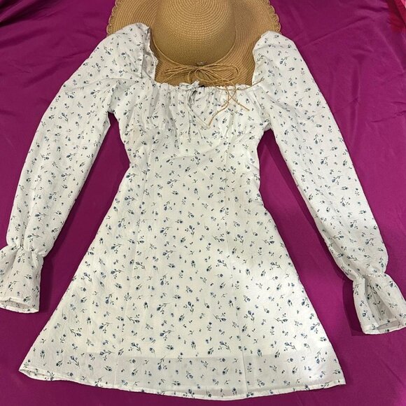 H&M Dresses & Skirts - H&M White Blue Floral Tie Neck Mini Dress Size S Cottagecore Boho